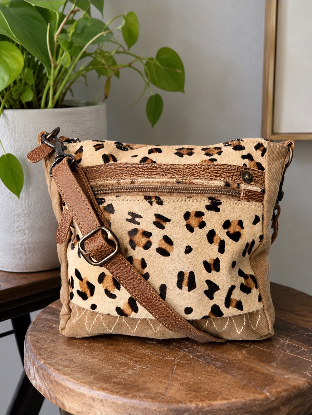 Myra Bag True Essence Leopard Print Canvas Calf Hair Crossbody Shoulder Bag